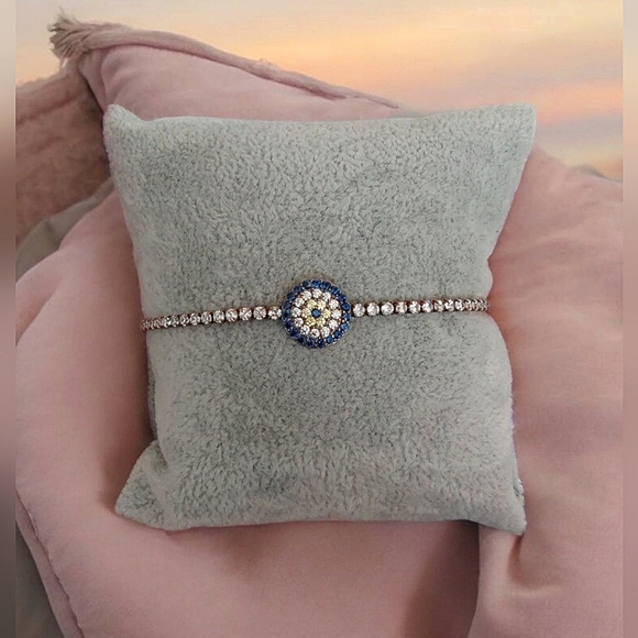 Jewelry - Sterling Silver '925' Gold Vermeil Clear Rhinestone Evil Eye Tennis Bracelet